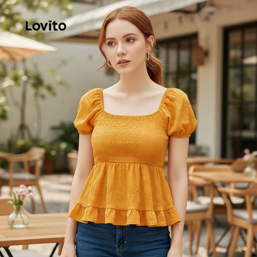 Lovito เสื้อเบลาส์ผู้หญิง สไตล์โบโฮ ชายระบายเรียบ สําหรับฤดูร้อน ฤดูใบไม้ผลิ รุ่น L132ED655