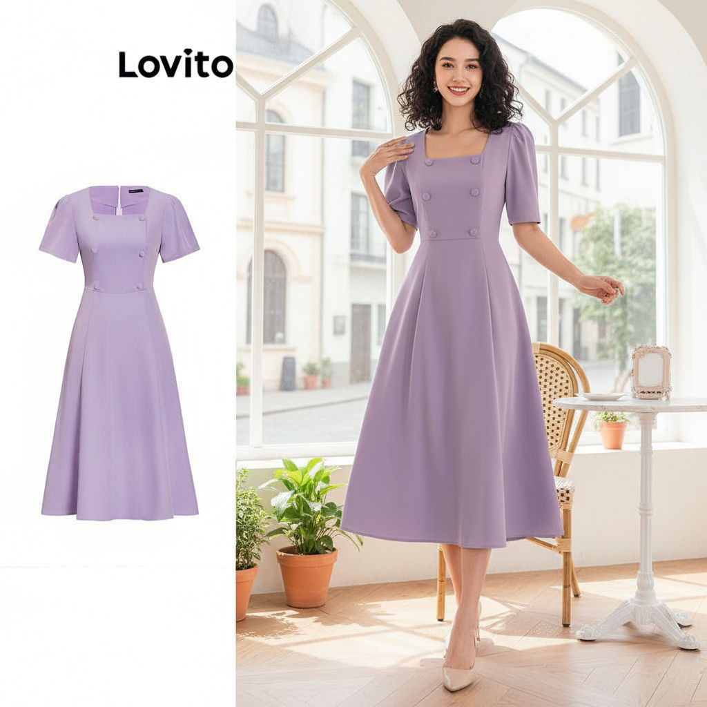 (trendy3)Lovito เดรสผู้หญิง มีกระดุม สีพื้น สไตล์หรูหรา L100MD425