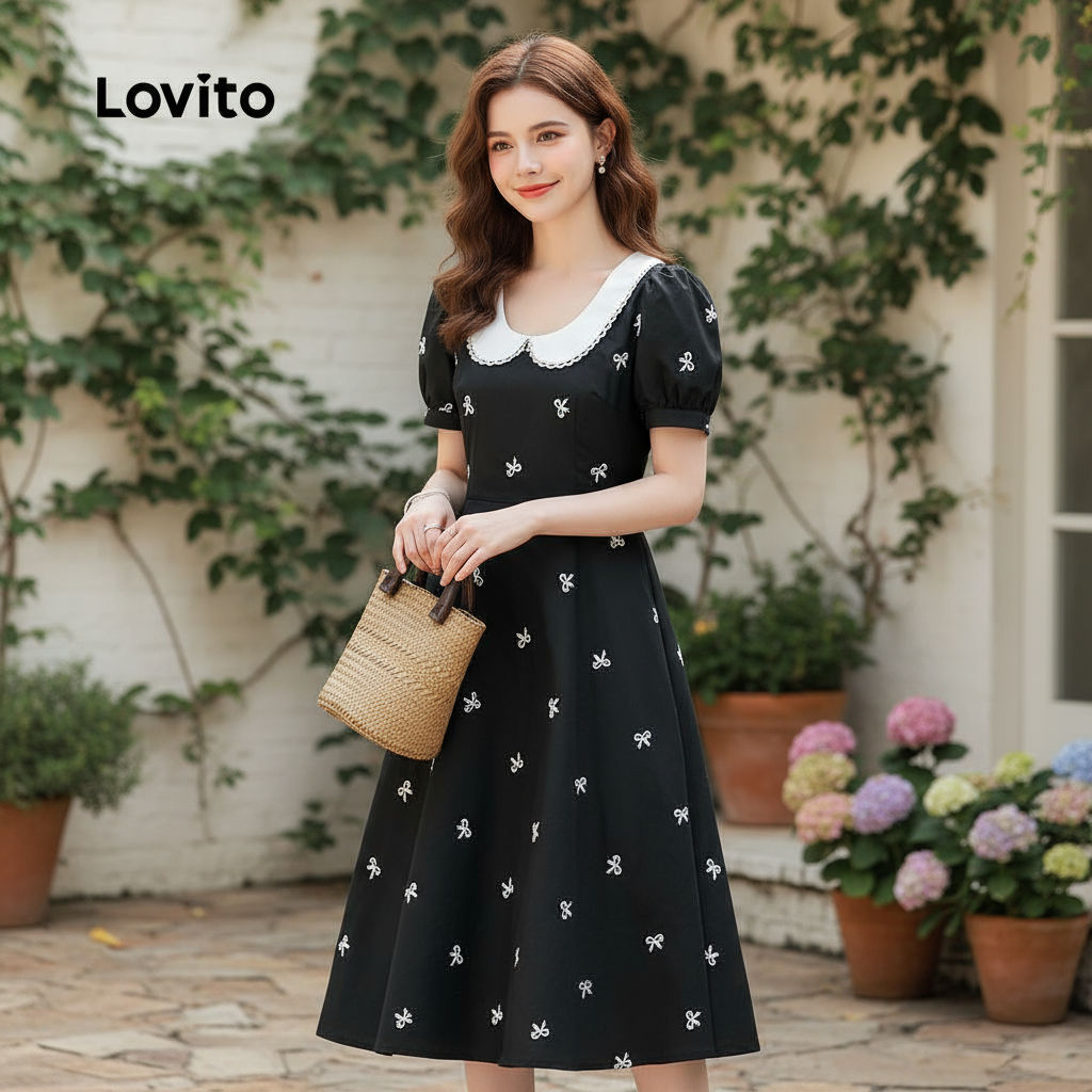 Lovito เดรสผู้หญิงสีดําสุดหรูสําหรับฤดูใบไม้ผลิ/ฤดูร้อน งานปาร์ตี้คริสต์มาส รุ่น L156AD126