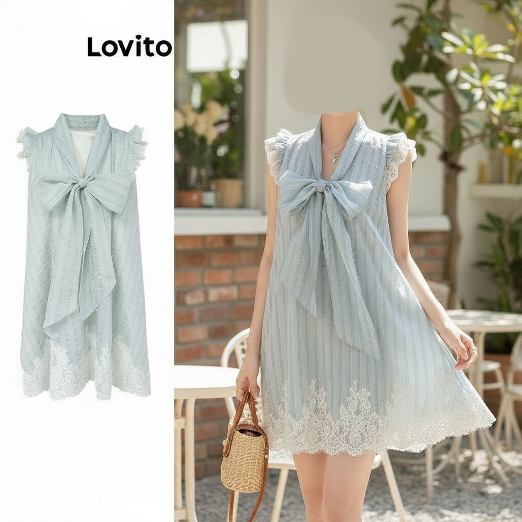 Lovito เดรสลําลองลูกไม้ลายทางแต่งโบว์ด้านหน้าสําหรับผู้หญิง LNA75576 (หลากสี)\4