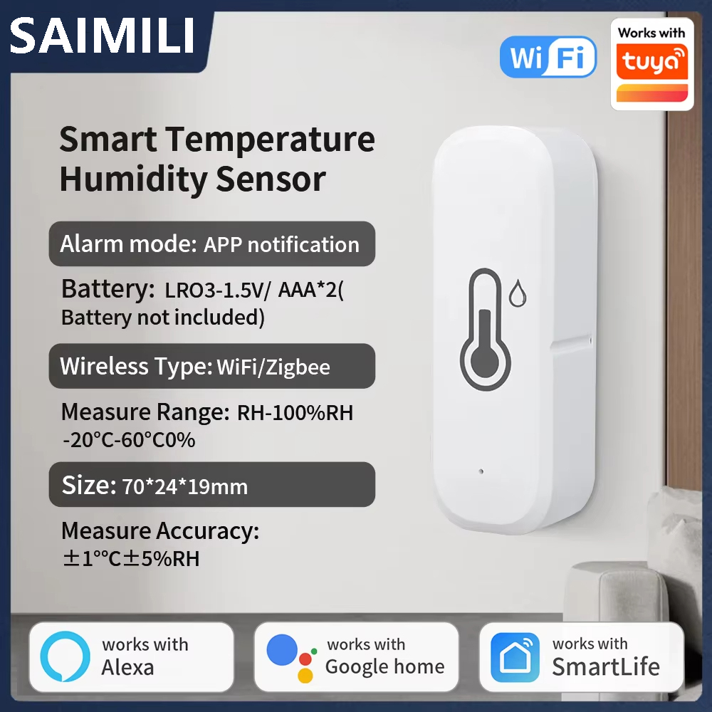 Saimili Tuya เซ็นเซอร์อุณหภูมิความชื้น wifi, เครื่องวัดอุณหภูมิในร่มเครื่องวัดความชื้นสัมพัทธ์, ทํางานด้วยชีวิตอัจฉริยะ alexa google home