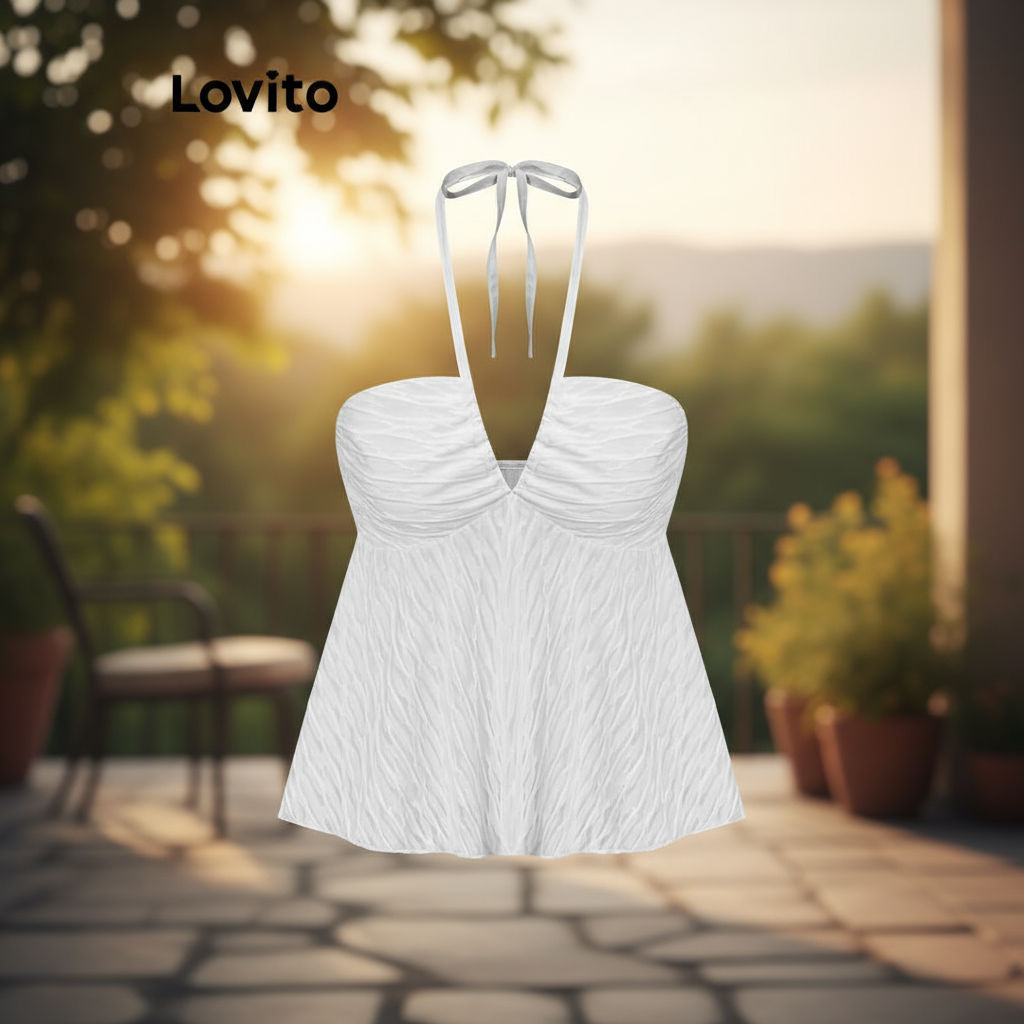 trendy3-Lovito เสื้อกล้ามลําลองผูกเชือกธรรมดา รูดระบายระบายชายเสื้อเสื้อกล้ามสําหรับผู้หญิง L88AD023