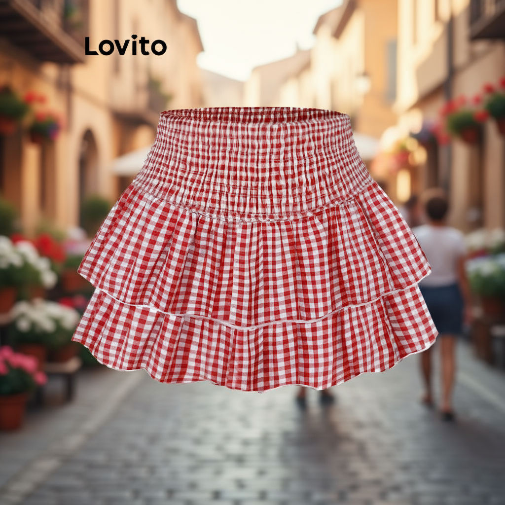 Lovito กระโปรงผู้หญิงลายสก็อตน่ารักลายคริสต์มาสพร้อมหัวเข็มขัด L110AD476