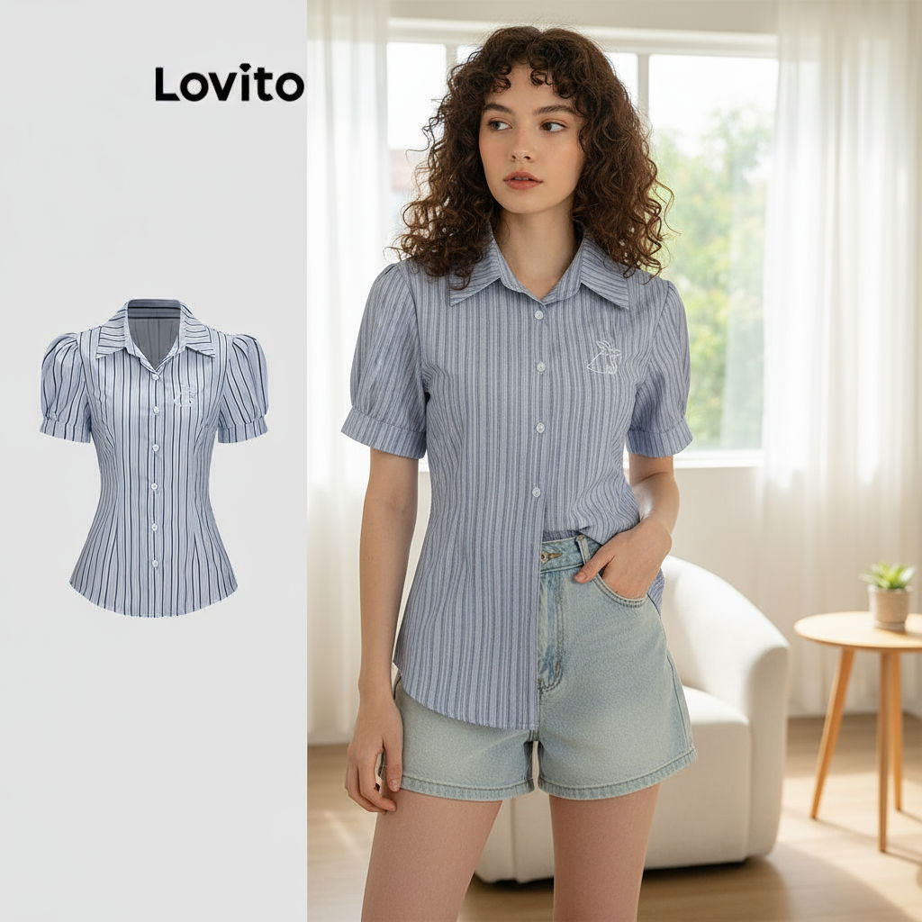 Lovito เสื้อเชิ้ตผู้หญิงแขนพอง ปักลาย ติดกระดุมหน้า สีฟ้า รหัส L58AD035
