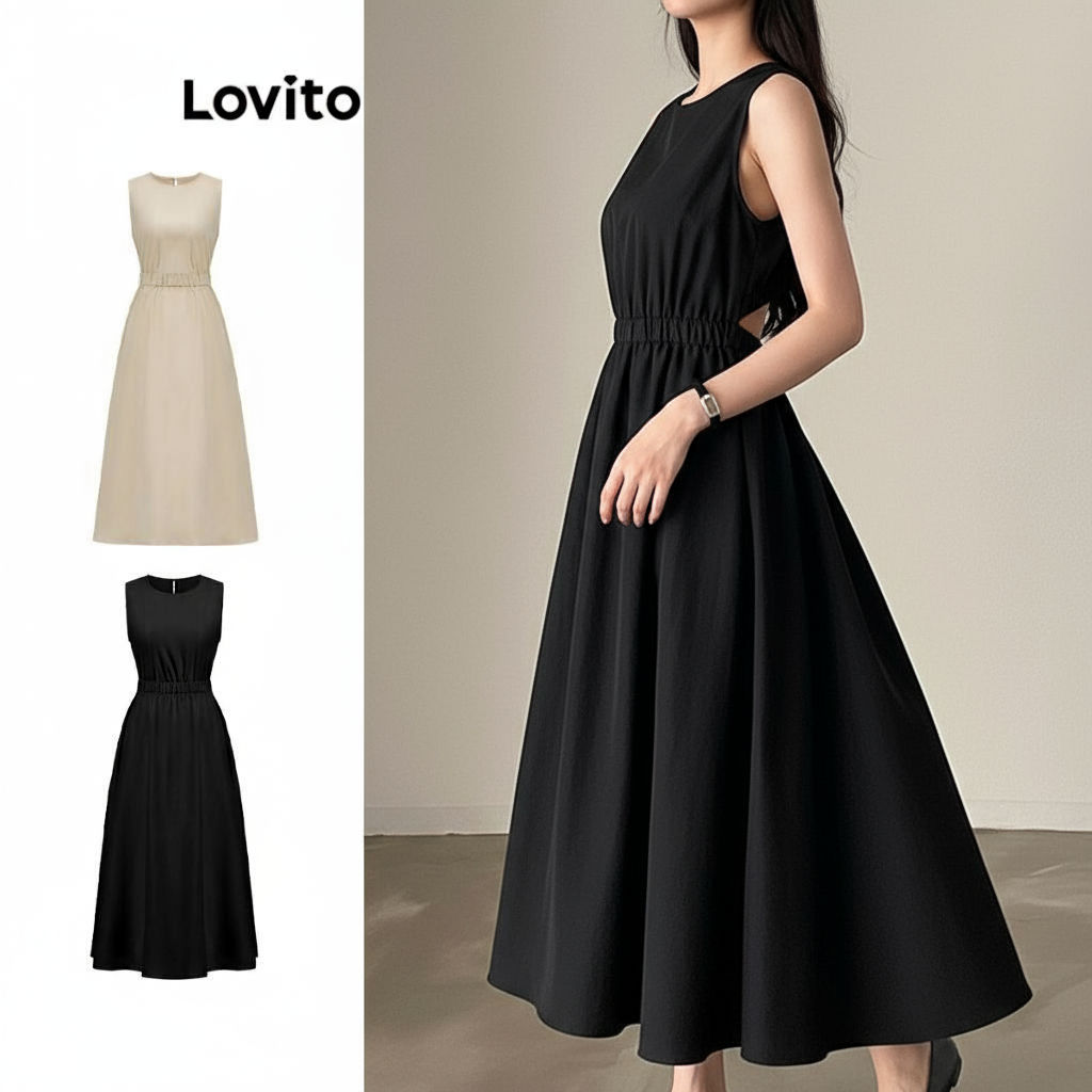 Lovito ชุดผู้หญิง เดรสผูกหลัง เอวยางยืด ทรงบอล L77ED270 (หลากสี)\4