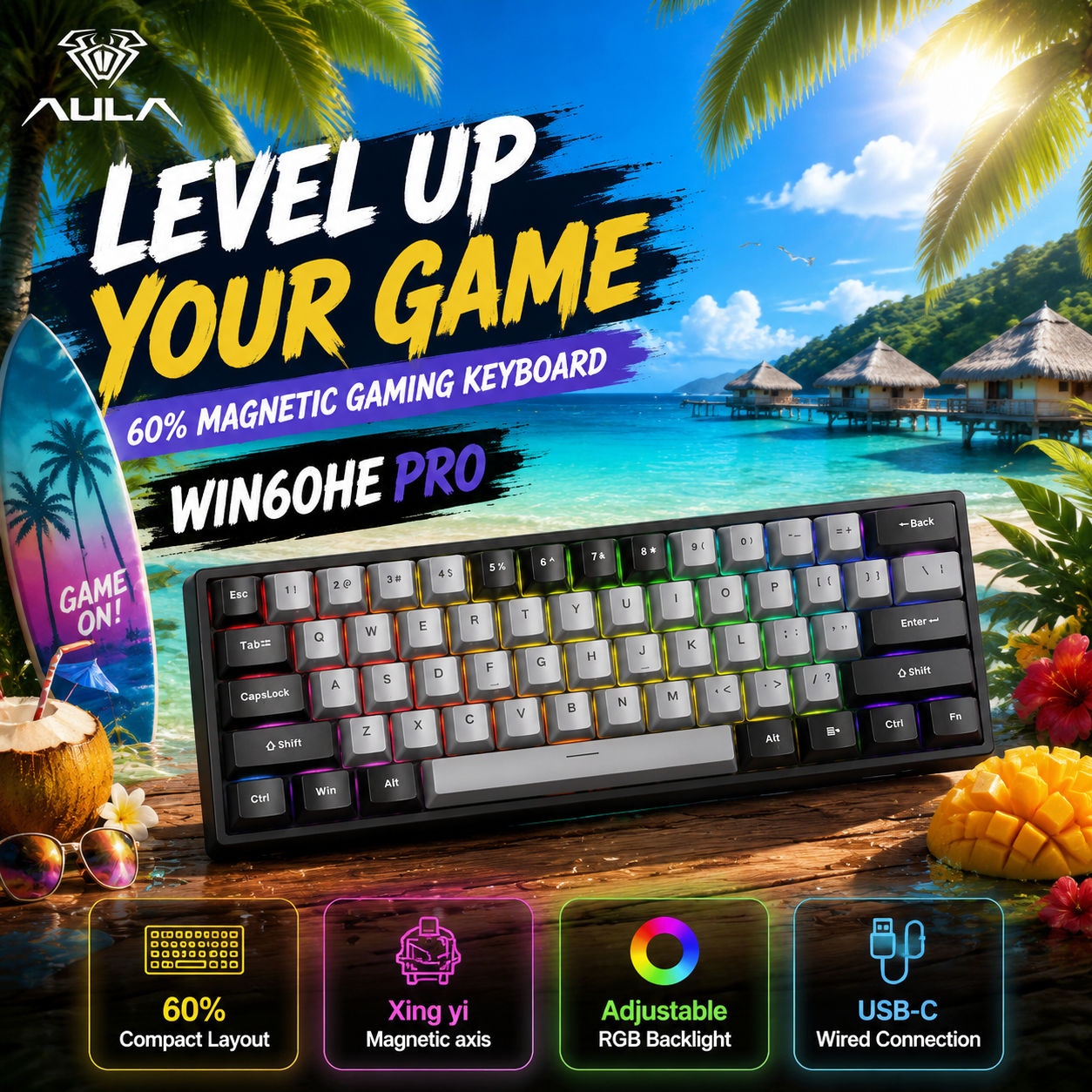 คีย์บอร์ดแม่เหล็ก AULA WIN60HE PRO Xingyi Switch Rapid Trigger, ไฟ RGB, คีย์บอร์ดเกมมิ่งแบบแมคคานิคอ