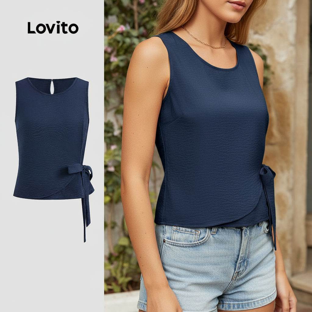 Lovito เสื้อกล้ามลำลองสีพื้นไม่สมมาตรสำหรับผู้หญิงในช่วงฤดูร้อน L123ED655\3