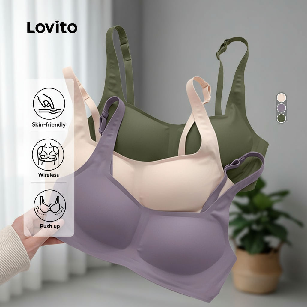 Lovito บราไร้ตะเข็บสําหรับผู้หญิง เซ็กซี่ ระบายอากาศดี มีหัวเข็มขัด รุ่น LNL43214\3