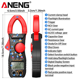 ANENG หนึ่งชุด ST170 แคลมป์มิเตอร์ดิจิตอล, 1999 นับแรงดันไฟฟ้า AC/DC NCV ความแม่นยําสูงแบบไม่สัมผัส 500A เครื่องมือต้านทานตัวเก็บประจุไดโอด