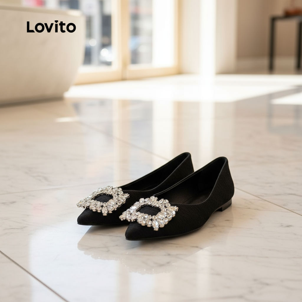 (trendy6)Lovito รองเท้าส้นเตี้ยบัลเล่ต์ลําลอง พลอยเทียม ธรรมดาอารมณ์ฝรั่งเศสชี้ด้านล่างนุ่มสบายบัลเล