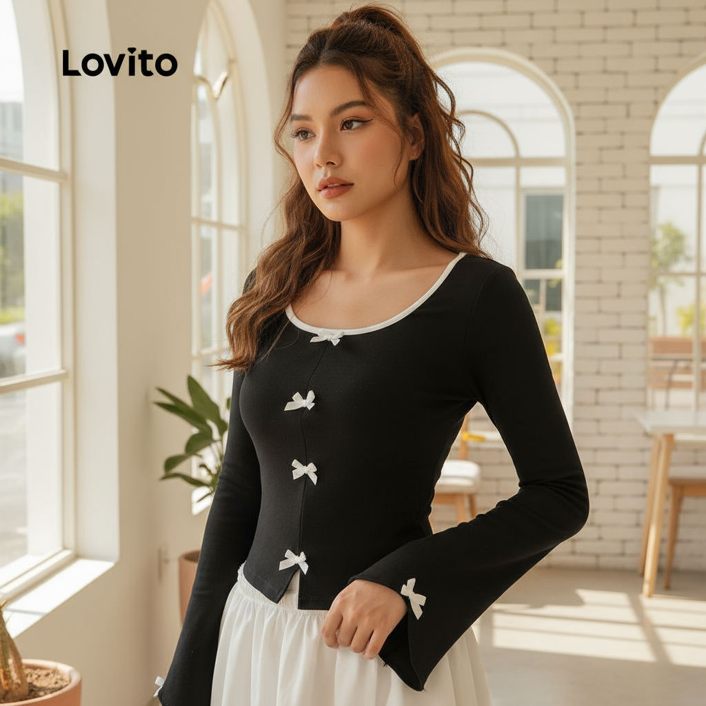 (trendy6)Lovito เสื้อยืดคอปกแบบสบาย ๆ สำหรับฤดูใบไม้ร่วง/ฤดูหนาว สีดำ สำหรับผู้หญิง L156AD084