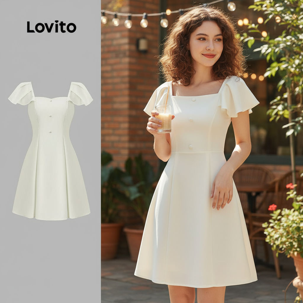 Lovito ชุดเดรสผู้หญิงหรูหราแอปริคอทปุ่มธรรมดาฤดูใบไม้ผลิฤดูร้อน L134ED743