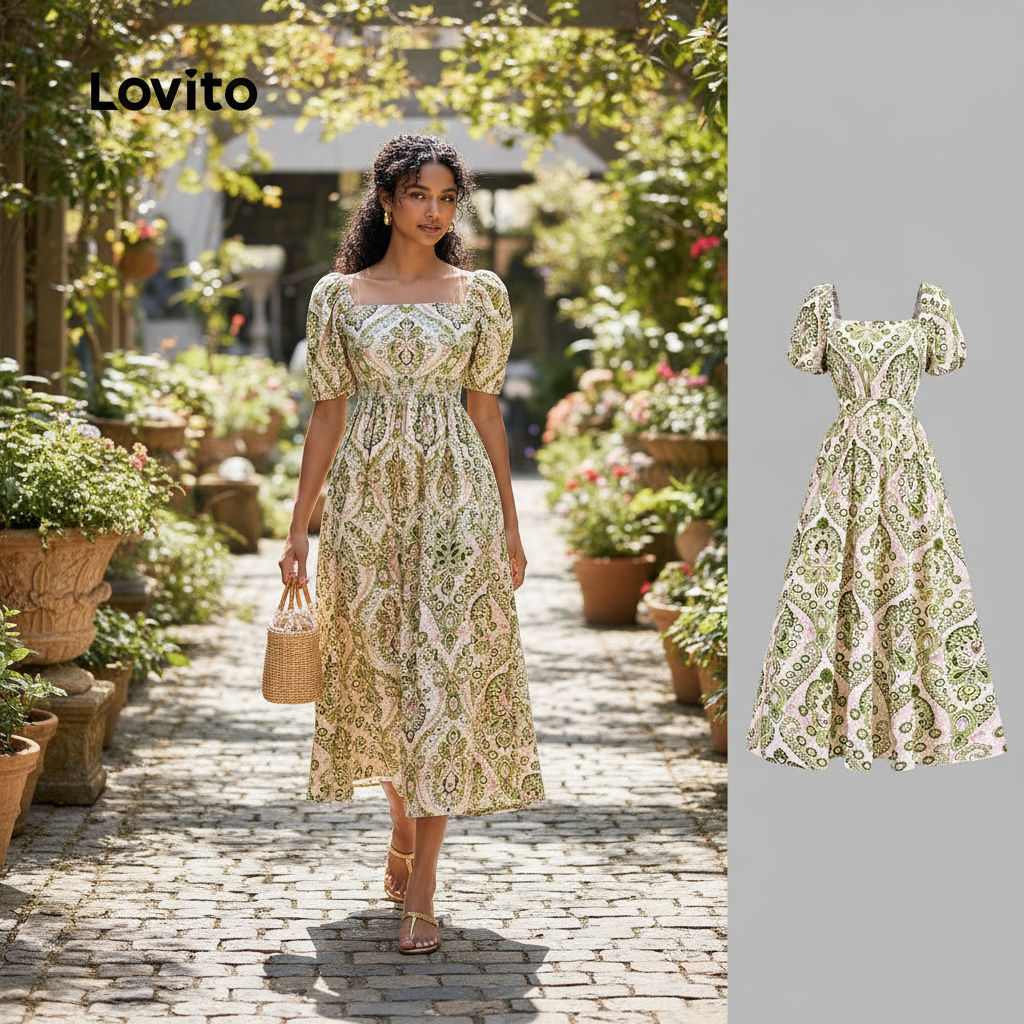 Lovito เดรสผู้หญิง ทรงเข้ารูป สไตล์โบฮีเมียน สําหรับปาร์ตี้คริสต์มาสและฤดูใบไม้ผลิ/ฤดูร้อน รุ่น L150