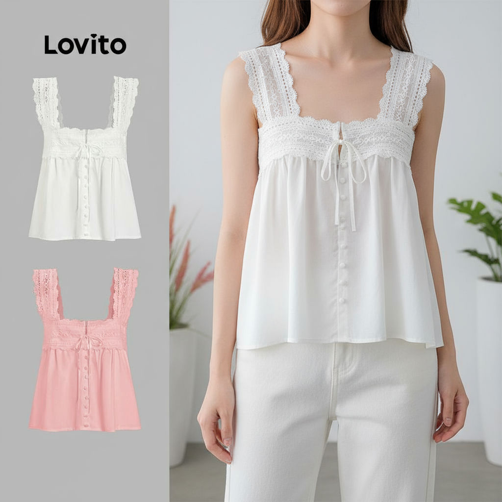 Lovito เสื้อกล้ามลูกไม้สไตล์โบโฮสําหรับผู้หญิง ฤดูร้อน/ฤดูใบไม้ผลิ รุ่น L100MD371