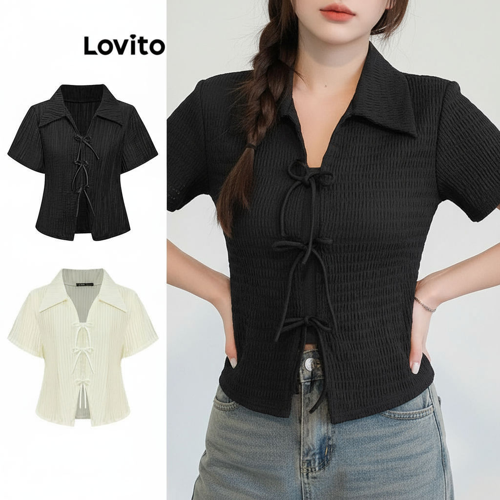 Lovito เสื้อผู้หญิงฤดูร้อนผ้าแจ็คการ์ดแต่งโบว์น่ารักหลากสี L87ED028