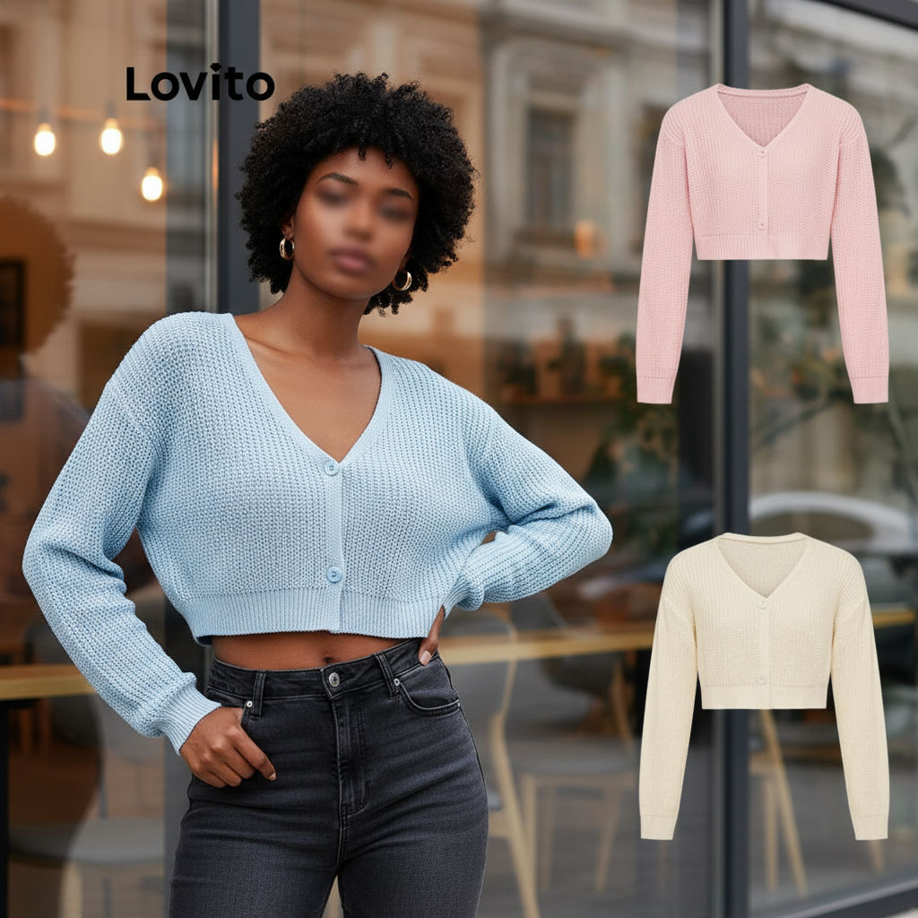 Lovito เสื้อคาร์ดิแกนลําลองเสื้อคาร์ดิแกนสเวตเตอร์ติดกระดุมแขนยาวคอวีสีพื้นสําหรับผู้หญิง L21LT110 (