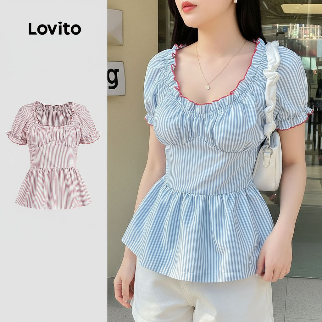 Lovito เสื้อผู้หญิงลายจีบคมชัด ผูกพันสม็อค สไตล์น่ารักสําหรับฤดูร้อน/ฤดูใบไม้ผลิ L125AD492\5