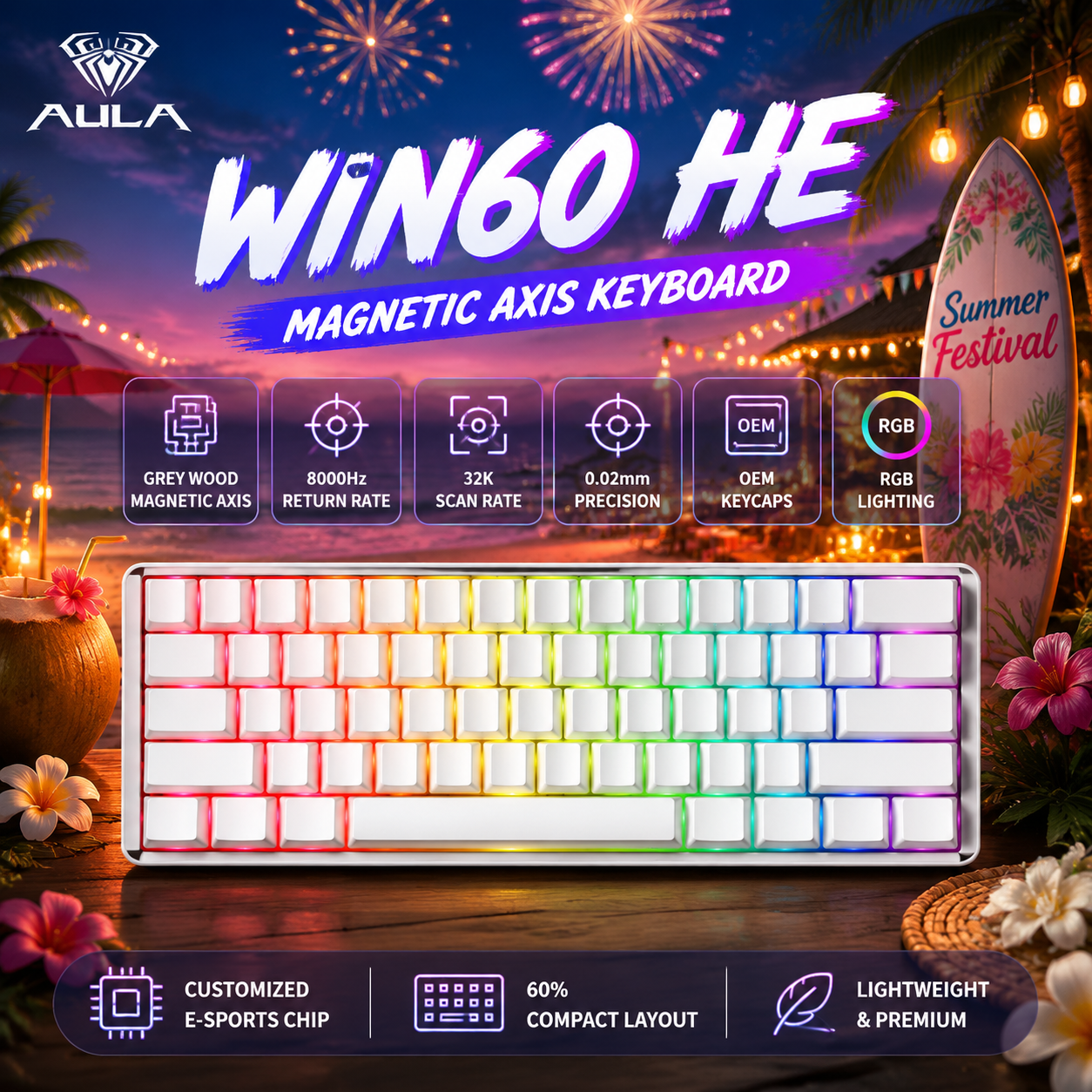 คีย์บอร์ดแมคคานิคอลเกมมิ่ง AULA WIN60 HE มาตรฐาน เชื่อมต่อสาย มีเอฟเฟกต์แม่เหล็ก สวิตช์ Gray Wood เท