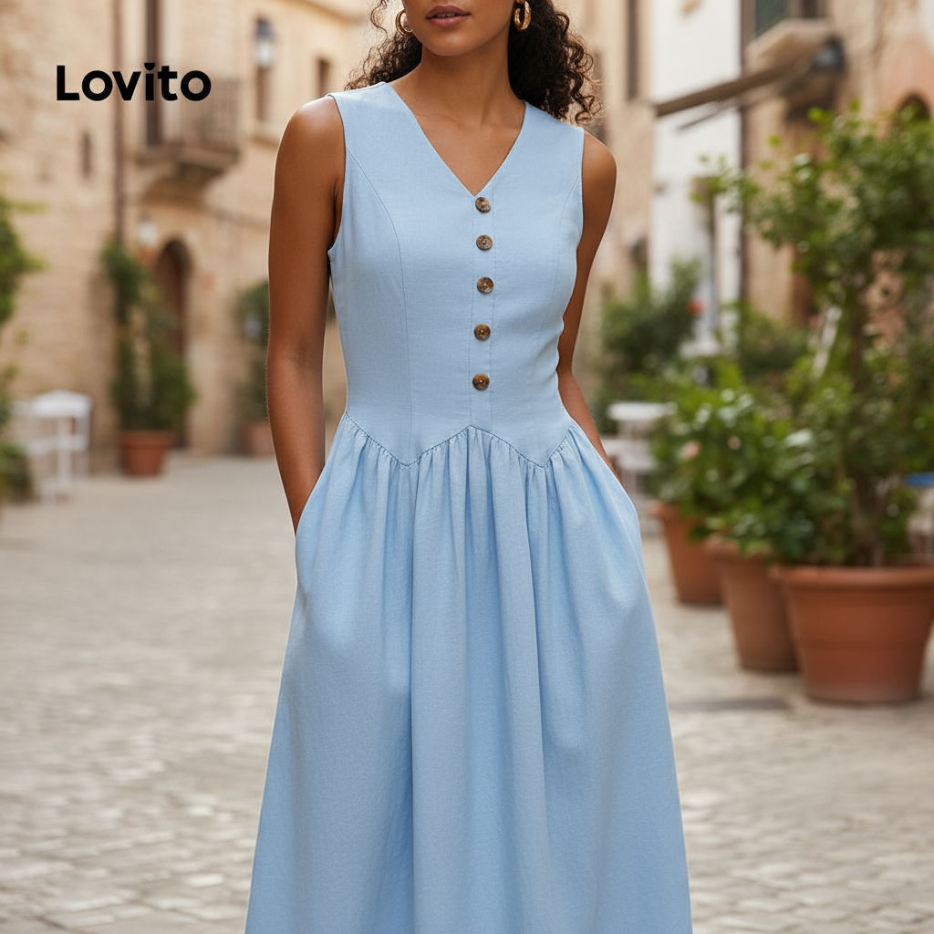 Lovito เดรสผู้หญิง สีฟ้า ซิปเรียบหรู สไตล์ฤดูใบไม้ผลิ ฤดูร้อน L134LD189