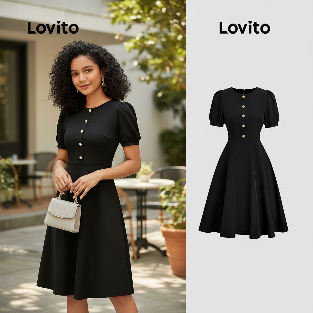 Lovito เดรสผู้หญิงสีดํา หรูหรา สําหรับ Spring/Summer ปุ่มเดรสน L155AD1723