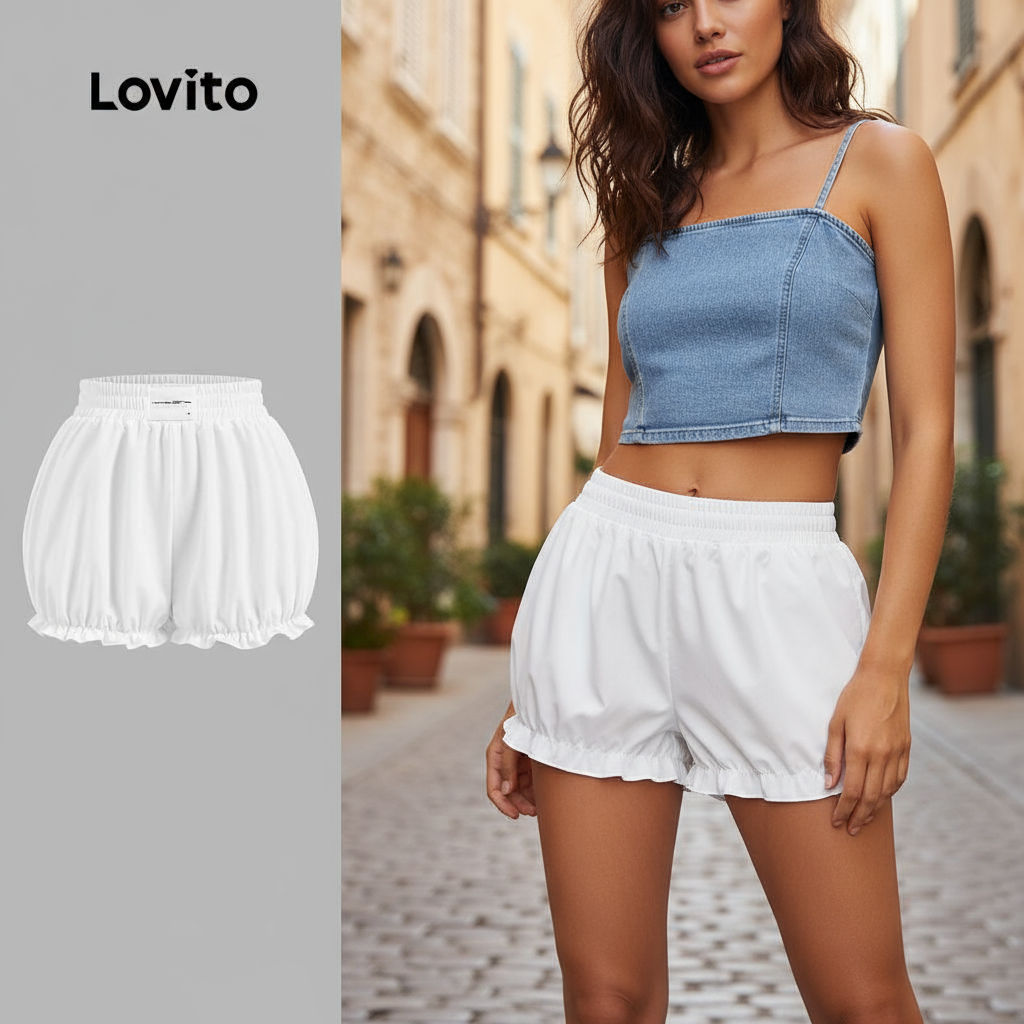 Lovito กางเกงขาสั้นผู้หญิง แต่งขอบสีพื้น สไตล์ลําลอง ฤดูร้อน/ฤดูใบไม้ผลิ L130AD174