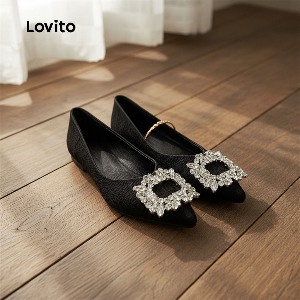 (trendy4)Lovito รองเท้าส้นเตี้ยบัลเล่ต์ลําลอง พลอยเทียม ธรรมดาอารมณ์ฝรั่งเศสชี้ด้านล่างนุ่มสบายบัลเล