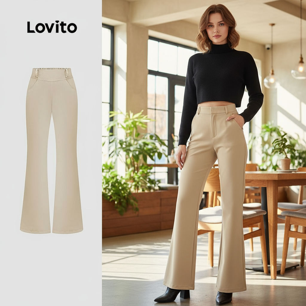 Lovito กางเกงเซ็ทคูลลักษณะเส้นสายกางเกงสำหรับผู้หญิง ใส่ได้ทุกฤดู สีคาใจ L154ED625\3