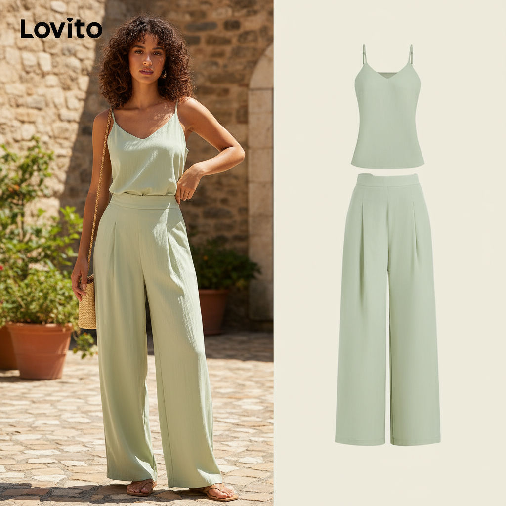 Lovito เสื้อหรือกางเกงลำลองแบบจีบเรียบสำหรับฤดูร้อน/ฤดูใบไม้ผลิสำหรับผู้หญิง L131ED462