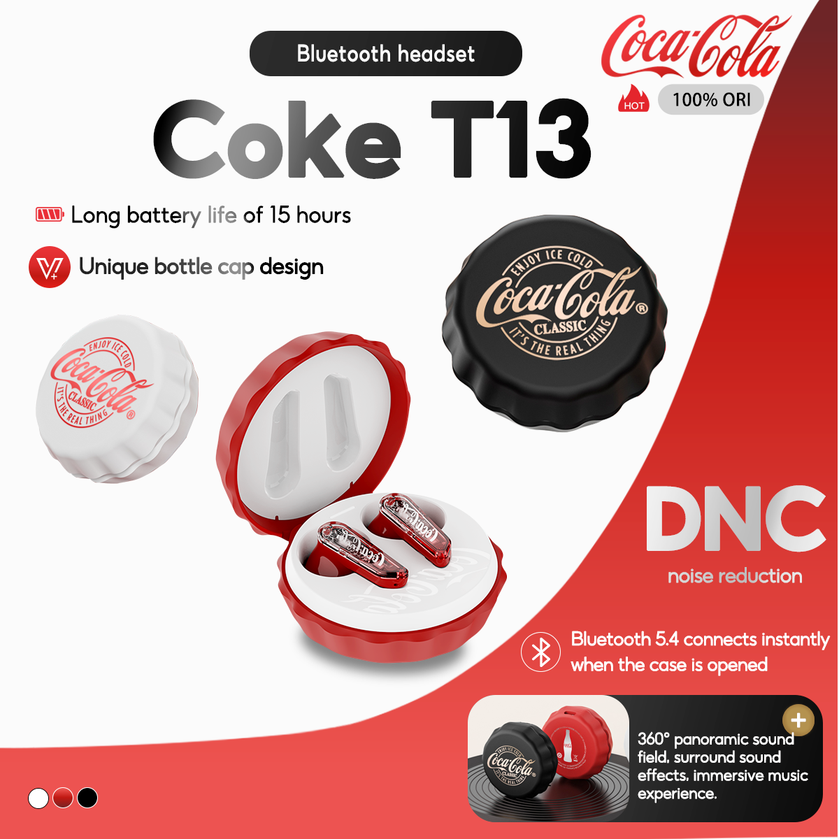 Coca-Cola หูฟัง Sprite T13 หูฟัง TWS ไร้สายบลูทูธ 5.4 ชุดหูฟังการออกแบบกึ่งอินเอียร์ ENC Noise Cancelling อายุการใช้งานแบตเตอรี่ยาวนานเสียงไฮไฟ