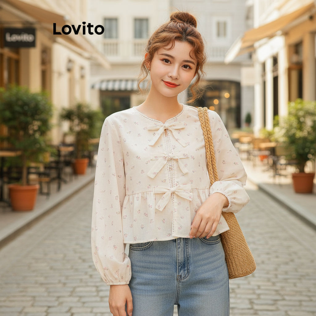 Lovito เสื้อเบลาส์ลูกไม้ผูกเชือกด้านหน้า ลายดอกไม้ สไตล์น่ารัก รหัส L106AD869