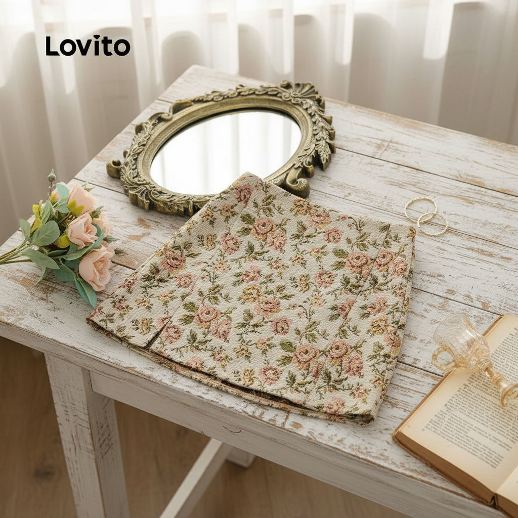 (trendy4)Lovito กระโปรงผ้าแจ็คการ์ดลายดอกไม้หรูหราสําหรับผู้หญิง L124AD789