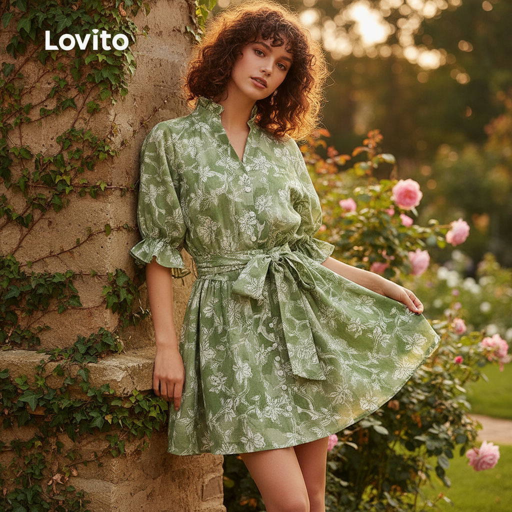 Lovito ชุดเดรสลายดอกไม้แขนสั้นสําหรับผู้หญิง L150ED625