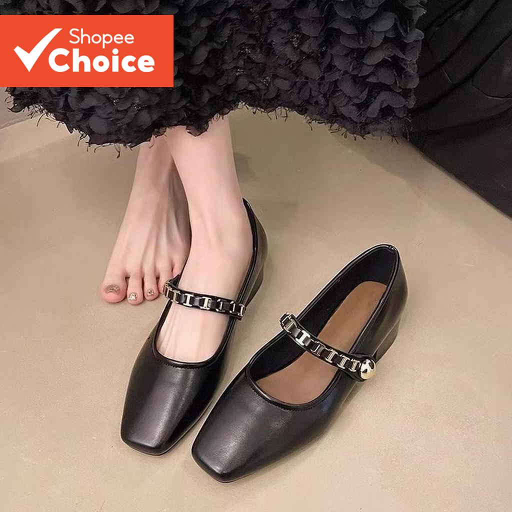 ผู้หญิงสบายๆโซ่ธรรมดาฝรั่งเศสย้อนยุครองเท้าส้นสูงสบายแมรี่เจน แอลฟา75021