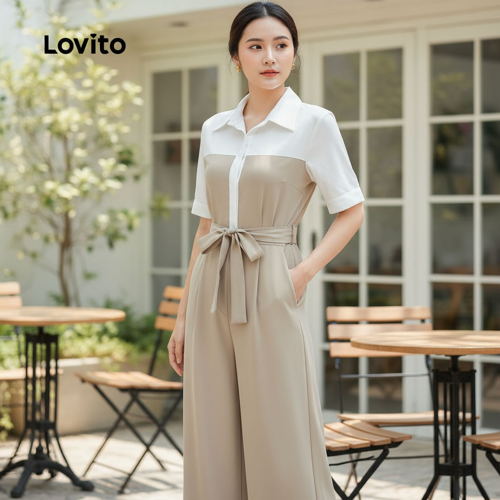 ชุดแซดเสื้อกางเกงแขนสั้น ลายคอนทราสต์ ผูกโบที่เอว - JRB154P1D466