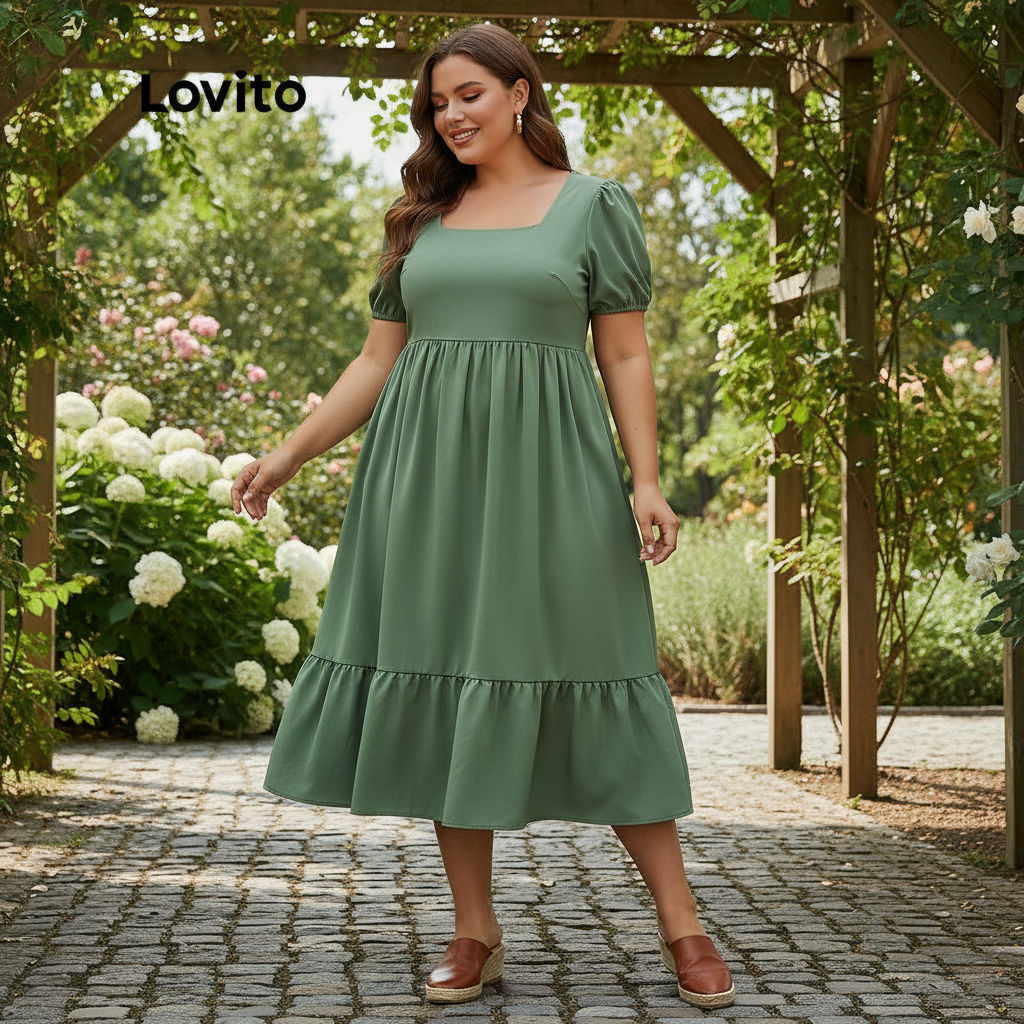 (trendy6)Lovito Plus Size Curve เดรสแขนพอง คอเหลลี่ยม แต่งซิป สีพื้น พลัสไซซ์ สไตล์ลำลอง สำหรับผู้หญ