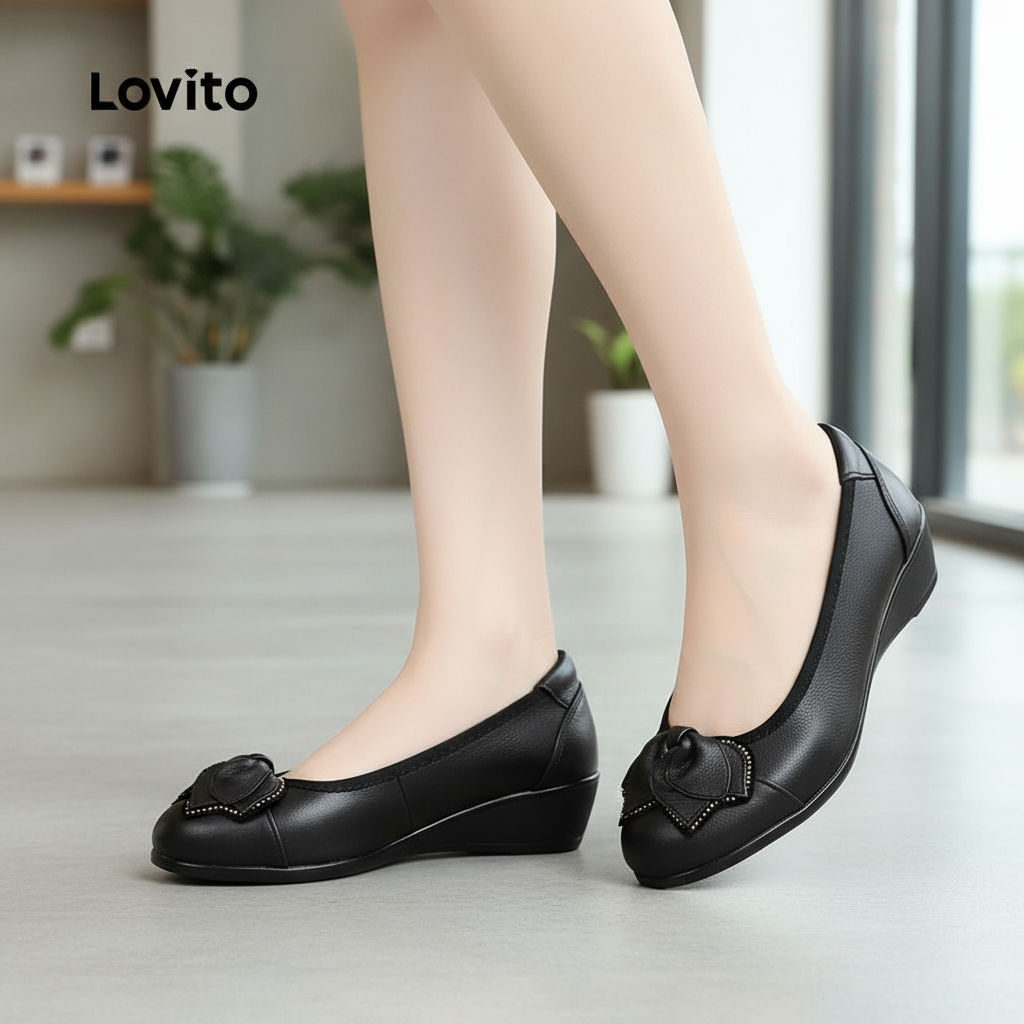 Lovito รองเท้าหนังนุ่มผู้หญิง ทรงบัลเล่ต์ ระบายอากาศ กันน้ํา ทนต่อการสวมใส่ สไตล์เรียบหรู สําหรับคุณ