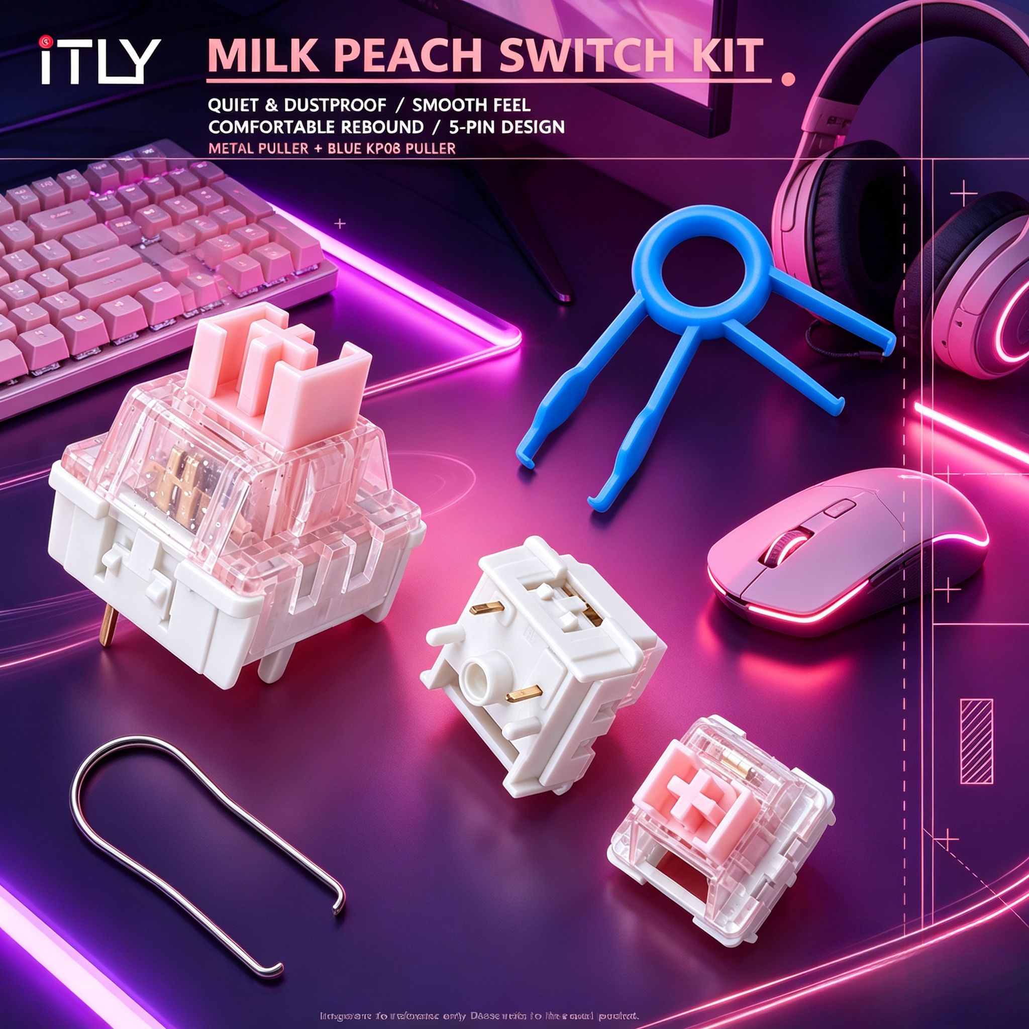 ITLY 5Pin Hot Swap Milk Peach Linear Mechanical Switch สวิตช์คีย์บอร์ดเชิงกลแบบเชิงเส้น สีชมพูใส สํา