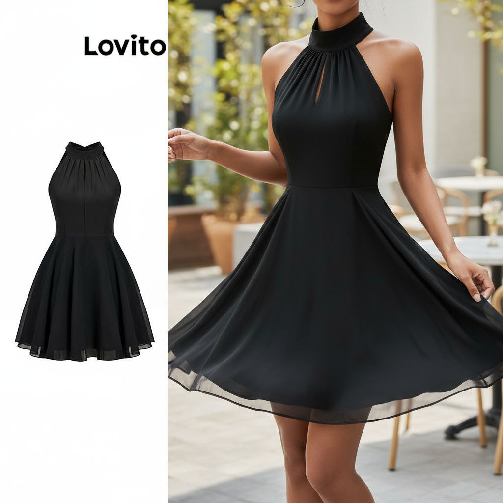 Lovito ชุดเดรสผู้หญิงดีไซน์หรูหรา ผูกหลังสองชั้น เรียบง่าย L80ED448\2