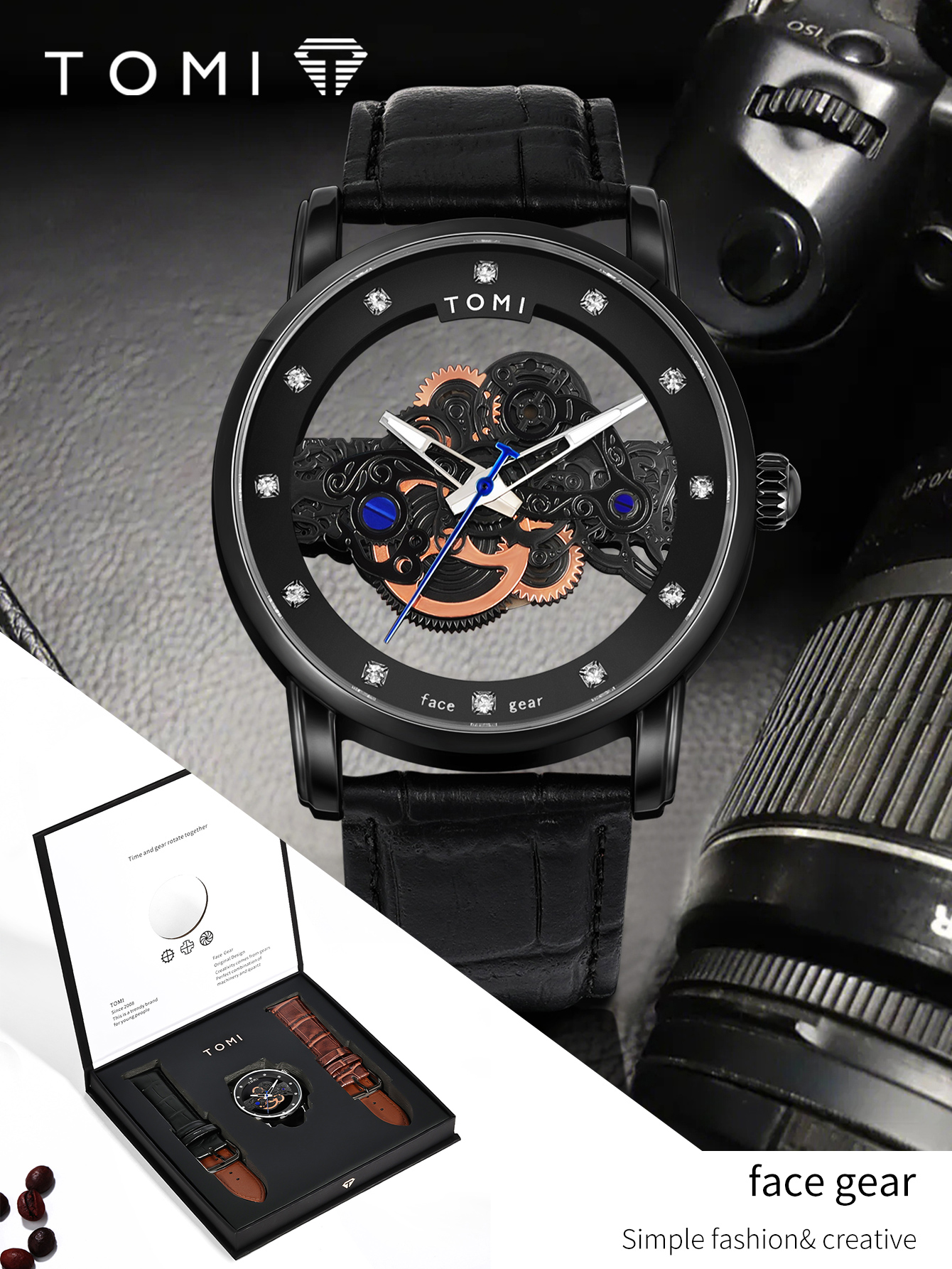 Tomi Mens Rose Gold Openwork Gear Rhinestone Leather Quartz Watch Retro Business Mechanical Style Gi