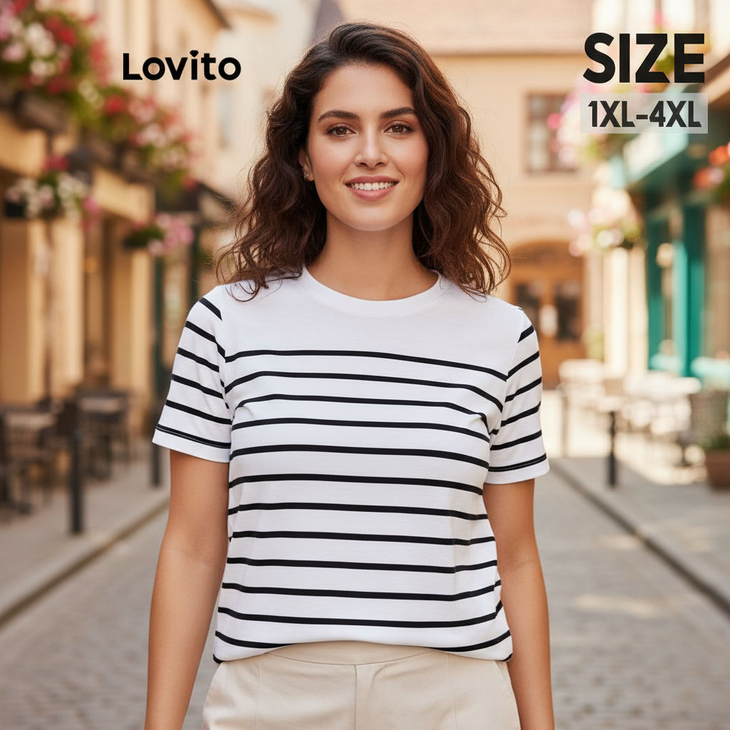 Lovito เสื้อเชิ้ตผู้หญิงไซส์ใหญ่ลายทาง LBL20219