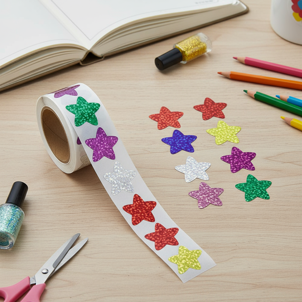 สติ๊กเกอร์เลเซอร์รูปดาว หัวใจ และวงกลม สีสันสดใส 500 ดวงต่อม้วน สําหรับ DIY ของเด็กและห่อของขวัญ
