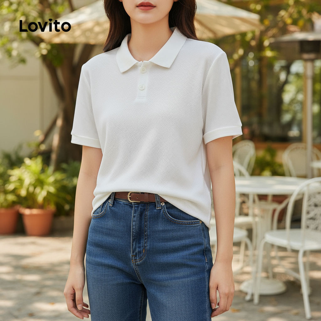 Lovito แคชชวล เสื้อยืดผู้หญิง ผ้า Waffle Knit สีพื้น ทรง Polo L68ED039 (หลายสี)