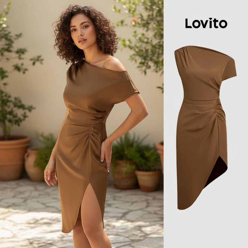 Lovito เดรสพลีทสีน้ําตาลซ่อนไซส์ผู้หญิง L155AD343