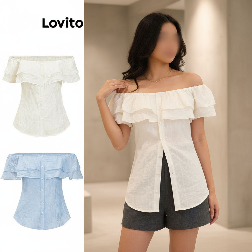 Lovito เสื้อผู้หญิง ผ้าพื้นเรียบระบาย กระดุมหน้า สําหรับฤดูใบไม้ผลิและฤดูร้อน L79AD128\6