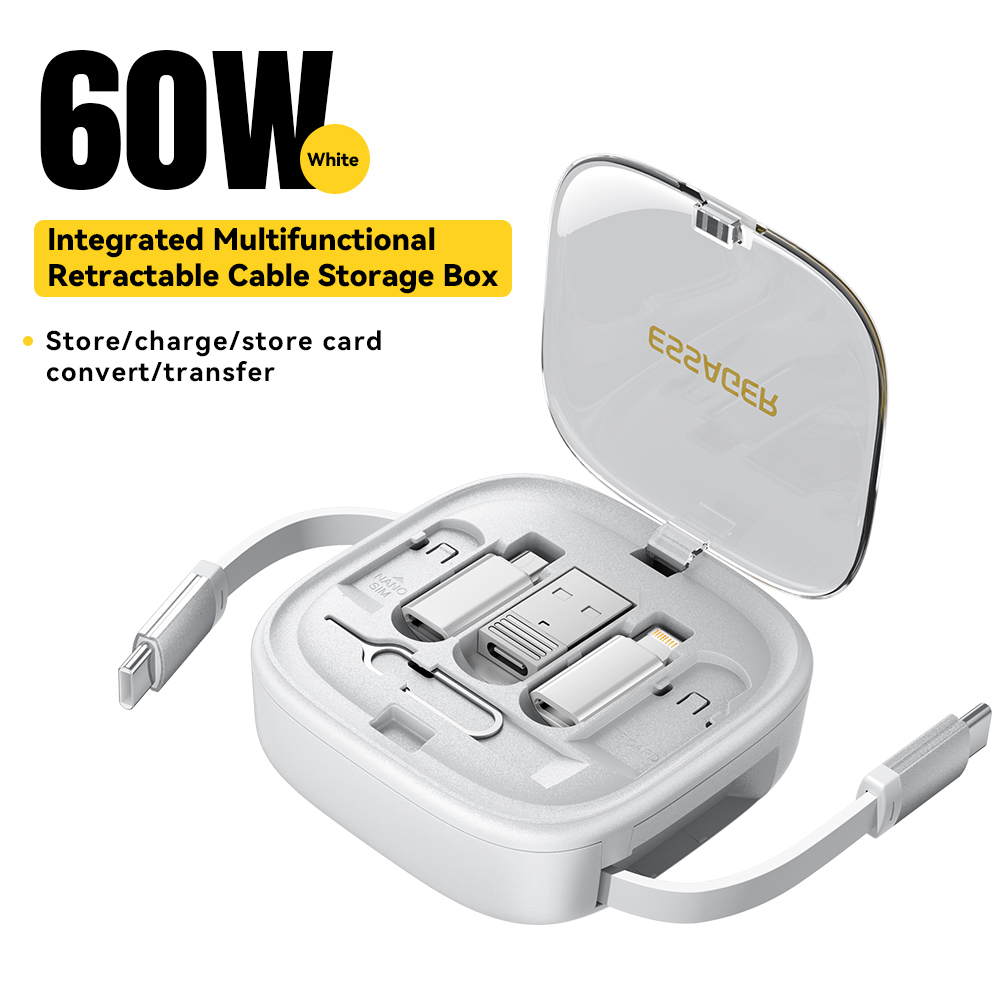 Essager สายเคเบิลชาร์จเร็ว 60W ยืดหดได้ 3A กล่องเก็บสายเคเบิลข้อมูลความเร็ว 480Mbps อเนกประสงค์สําหรับ Type C IPH ปลั๊ก Micro USB A กล่องเก็บสายเคเบิล
