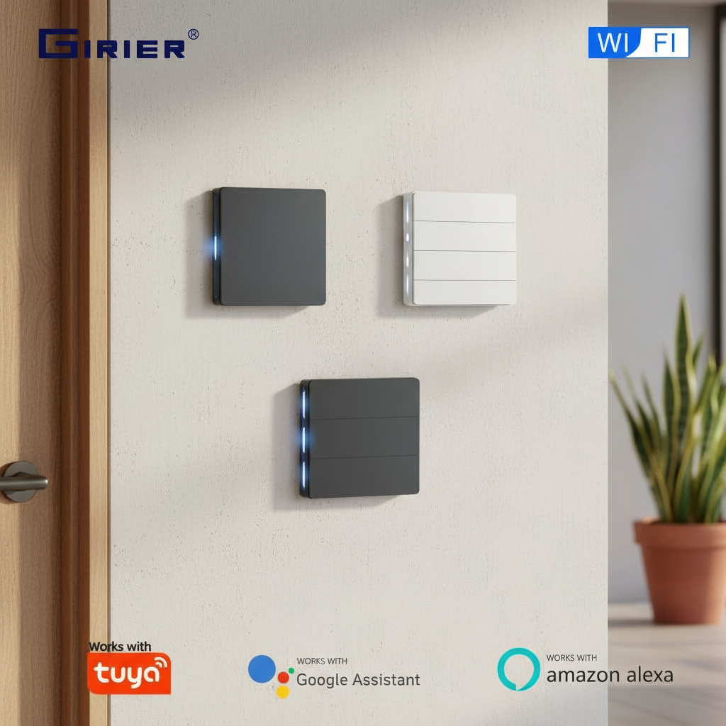 สวิตช์ผนังอัจฉริยะ GIRIER WiFi ปุ่มกด รองรับสาย Neutral, 1-4 ปุ่ม, ใช้งานร่วมกับ Alexa, Hey Google, 