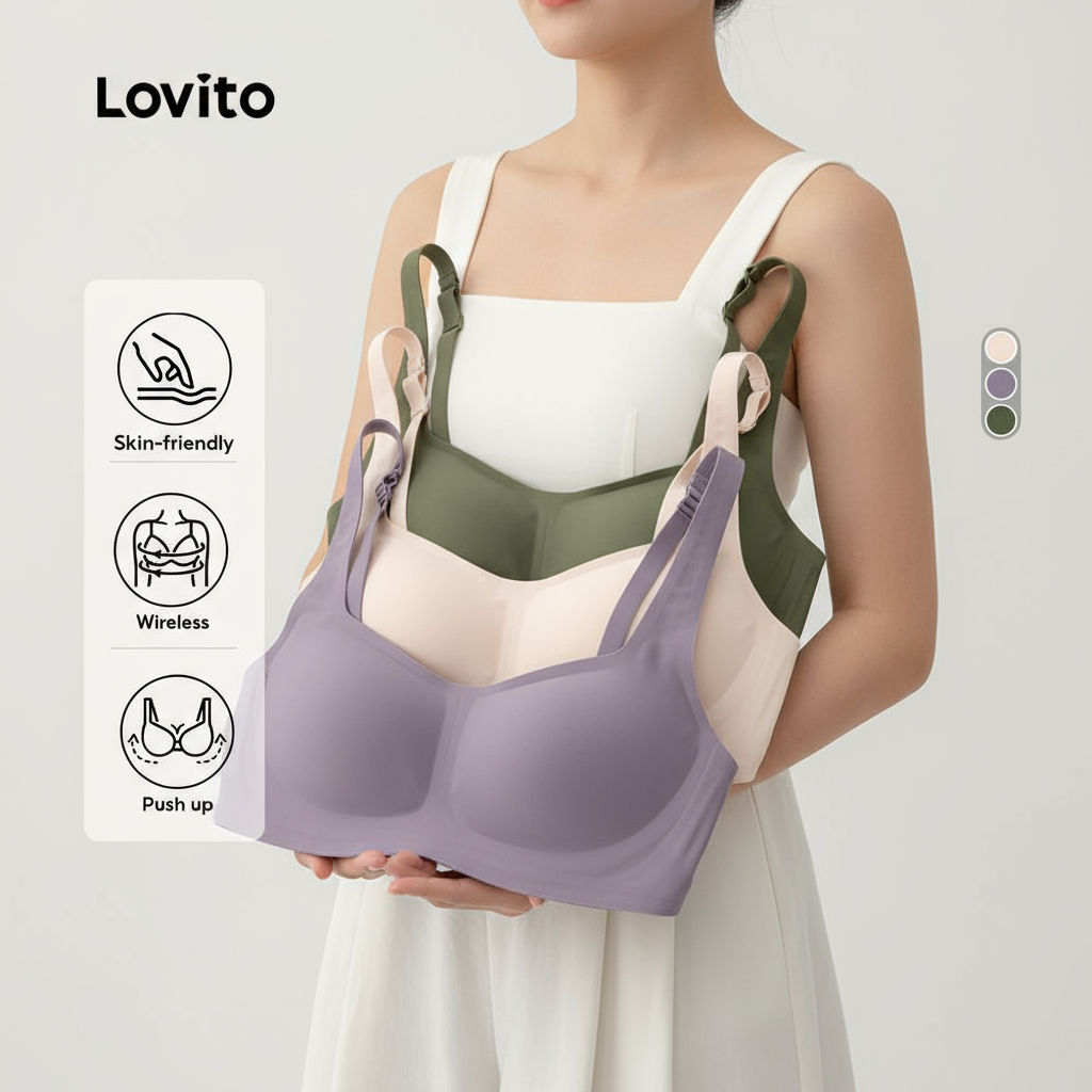 Lovito เสื้อชั้นในไร้รอยสําหรับผู้หญิง ระบายอากาศ หัวเข็มขัด ดีไซน์เซ็กซี่ LNL43214\6