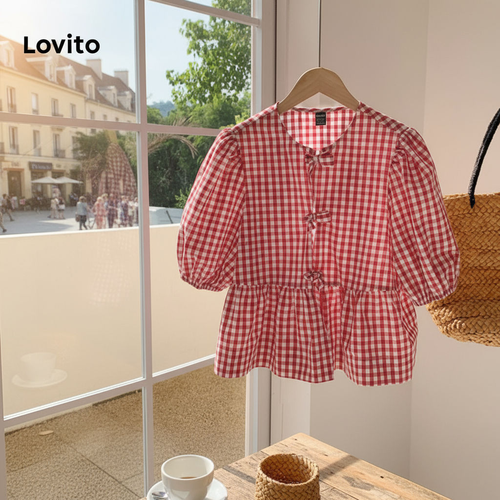 Lovito เสื้อเบลาส์ผู้หญิง ลายสก็อต ผูกโบว์หน้า สไตล์น่ารัก คริสต์มาส L101AD087