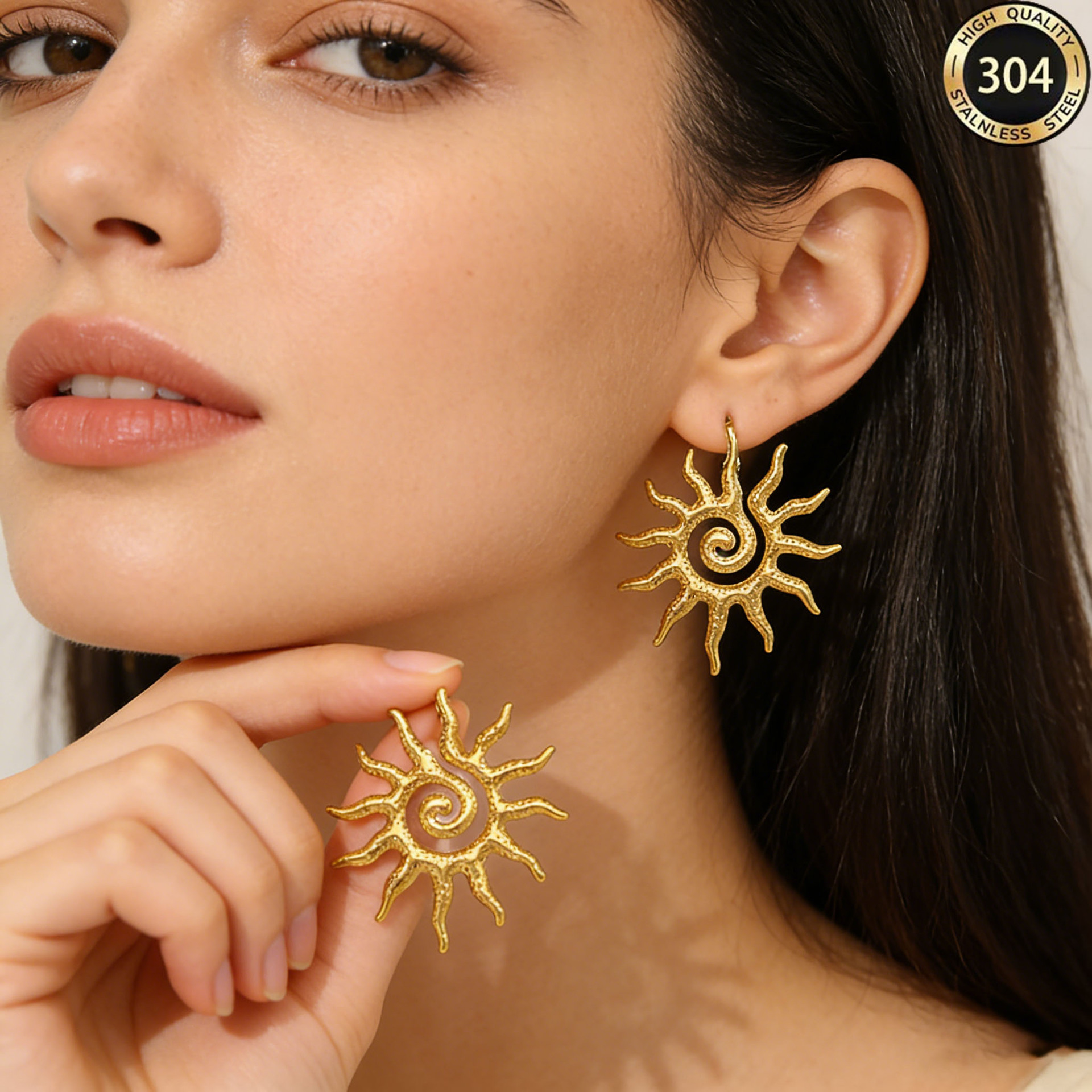 Golden Sunburst ต่างหู Elegant Artistic Shimmering Luxury Glamour ผู้หญิงเครื่องประดับ