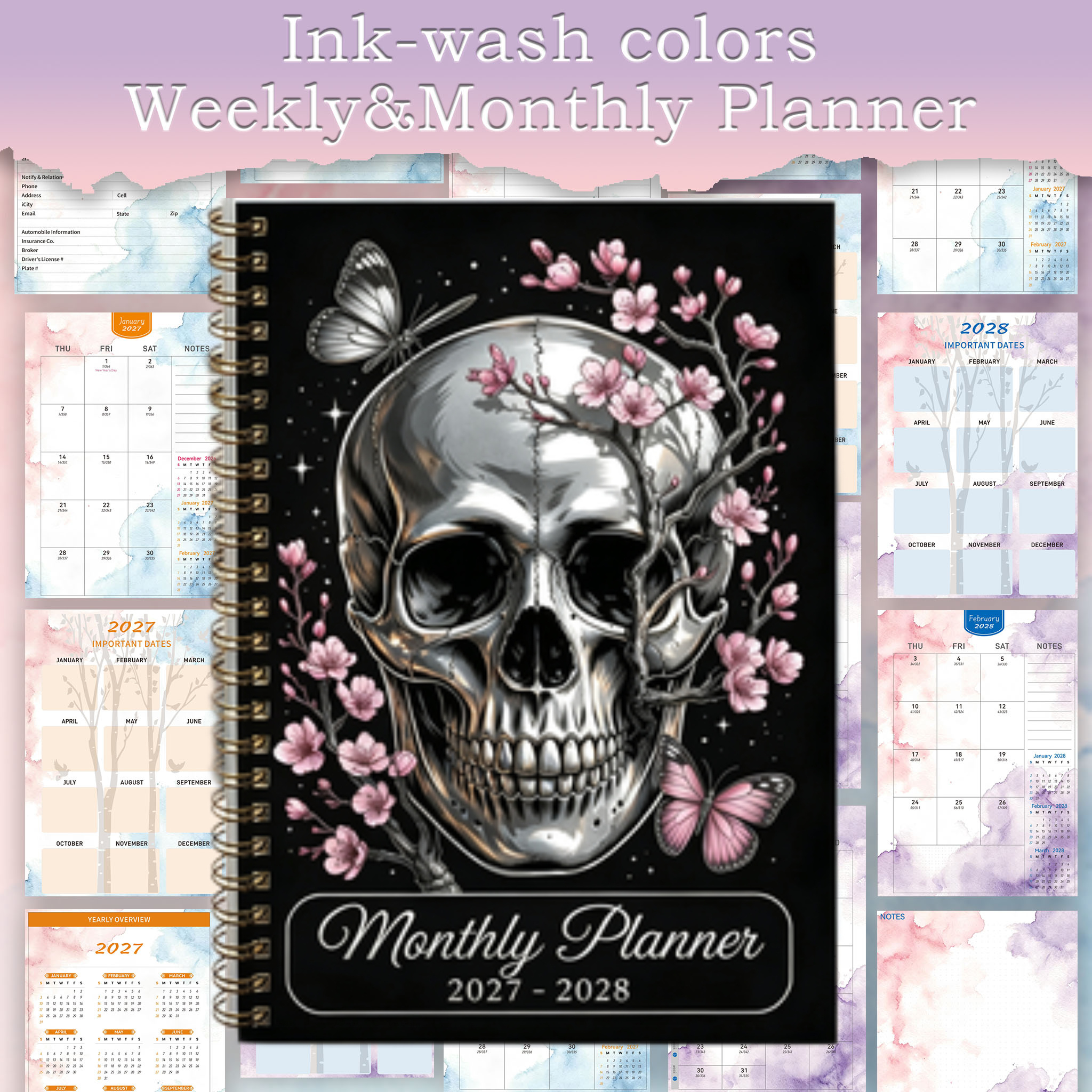 รายสัปดาห์และรายเดือน Planner 2027-2028 Dragonfly Floral Crystal Calendar Planner Notebook